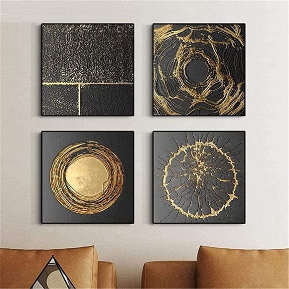 4 Pieces Nordic Luxury Gold Black Crack Abstract Wall Art Canvas Poster Golden Coins Print Minimalist Painting Picture Home Decor for Living Room Bedroom with Wooden Inner Frame