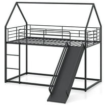 Costway Twin Over Twin Low Bunk Bed House-shaped Metal Bunk Bed Frame with Safety Guardrail