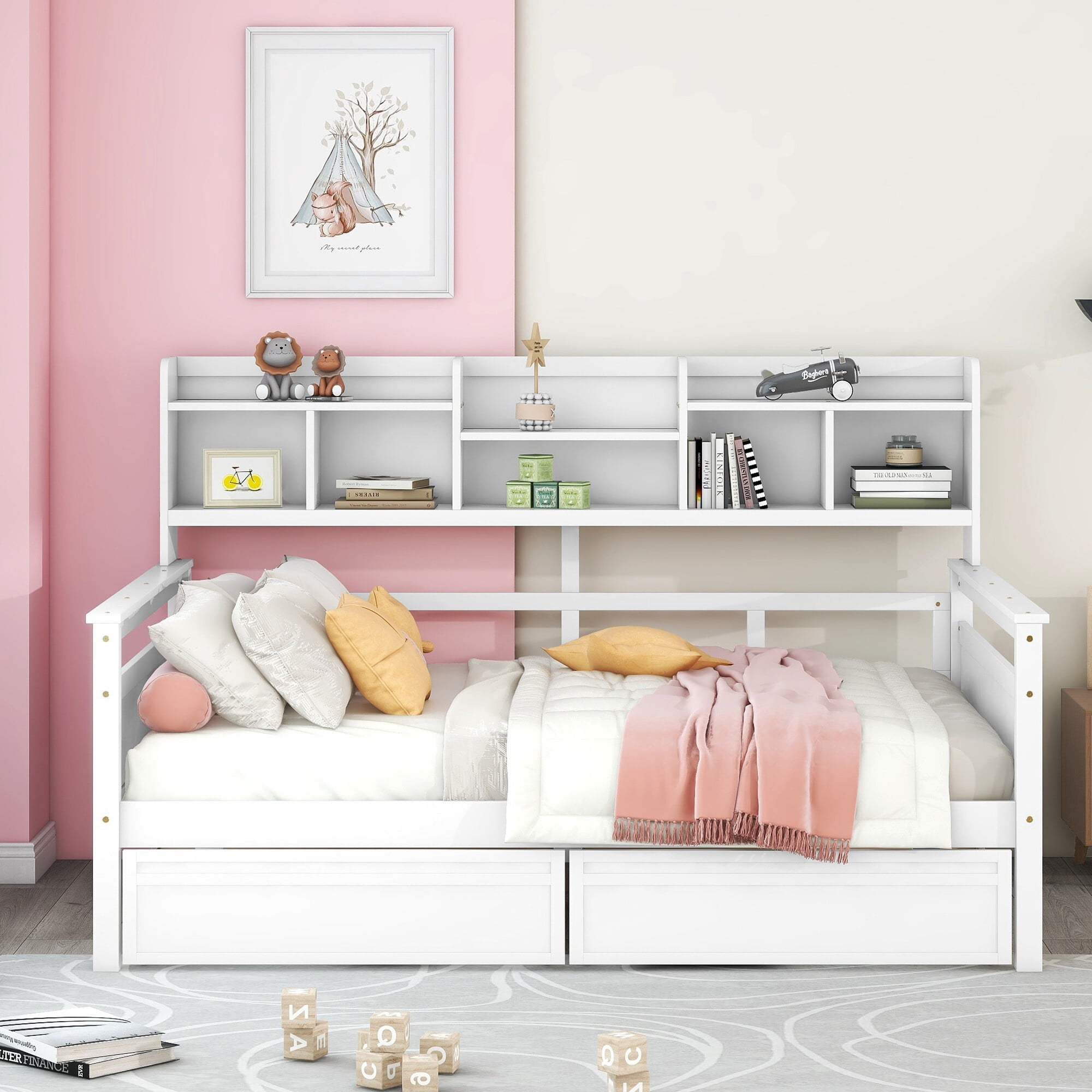 AENKYO Full Size Wooden Daybed Bed Frame with 2 Storage Drawers and Headboard Shelf, Solid Wood Sofa Bed, White