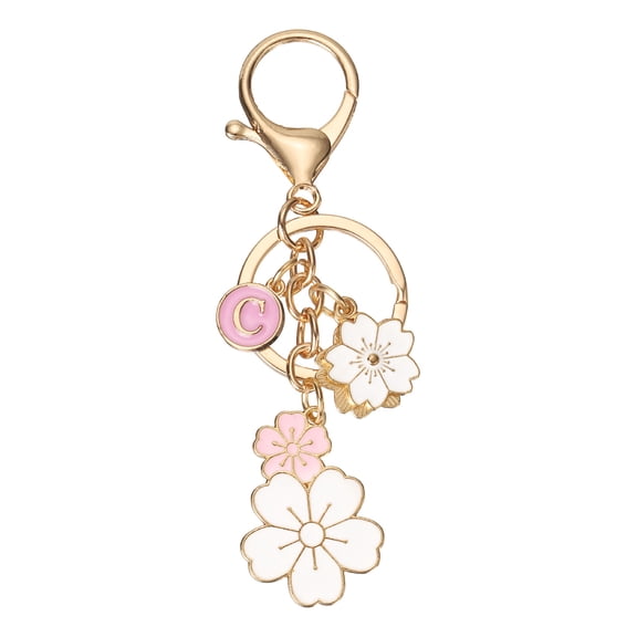 Uxcell Initial Keychain, Flower Charm Letter-C Key Chain Cute Cherry Blossom Letter Keyring for Women Car Keys Handbags Purse Backpack Accessory Gift, Pink