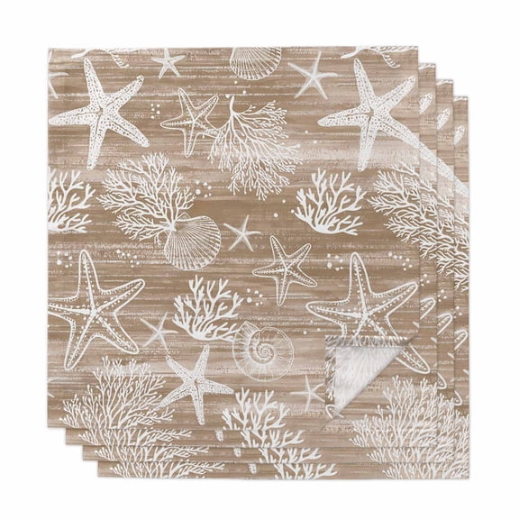 Brown Coastal Cloth Napkins, Summer Beach Nautical Starfish Coral Vintage Washable and Reusable Dinner Napkins Set of 4, Table Napkin for Kitchen Party Birthday Wedding Hotel Housewarming 20"x20"