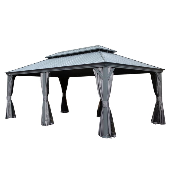 TOTAL Outdoor 12' x 18' Hardtop Gazebo, Galvanized Steel Double Roof Canopy W/Curtains and Netting, Drainage System, Sunshade for Deck, Lawns and Backyard, Gray.