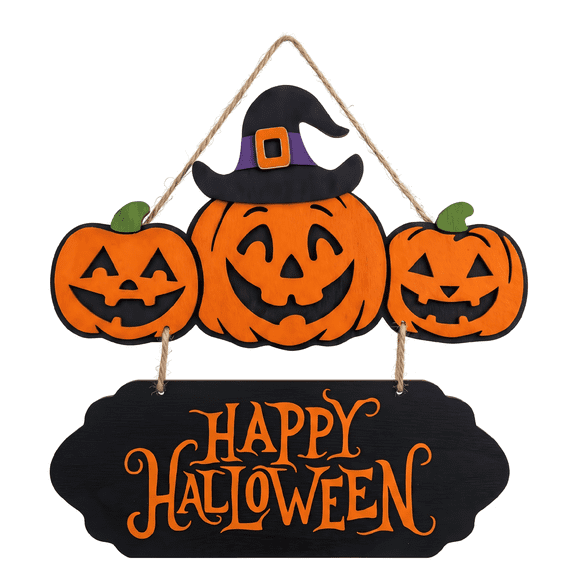Happy Halloween Decoration for Home - 15.7" Halloween Pumpkin Door Sign, ack-o'-Lantern with Witch Hat Wooden Hanging Sign, Farmhouse Halloween Front Door Decoration