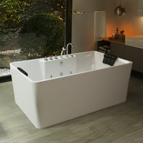 67-in L x 33.5-in W White Acrylic Center Drain Freestanding Whirlpool Tub with Faucet - Handshower - Headrest - 8 Water Jets
