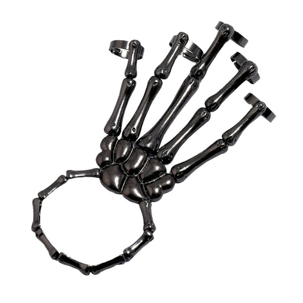 Pulsera de mano de esqueleto con anillos, pulsera elástica punk ajustable, esqueleto 1 negro
