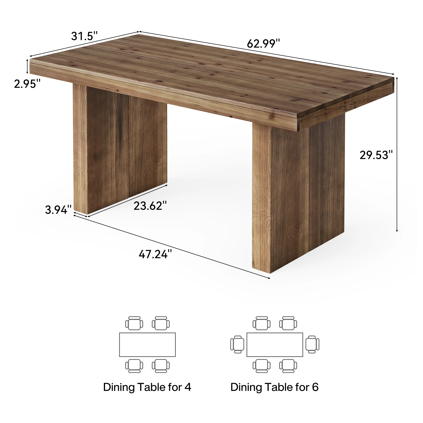Hommoo 63 Inch Solid Wood Farmhouse Dining Table, Rustic Rectangle Kitchen Table for 4-6 People, Sturdy Double-Leg Design, Easy Assembly, Brown