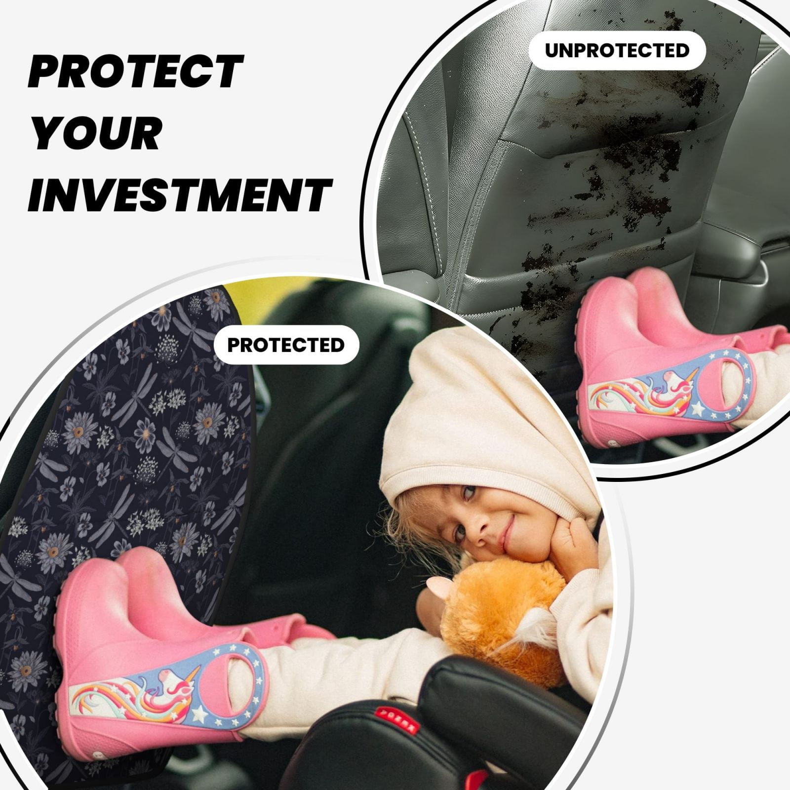 Xecao Wildflowers And Dragonflies Pattern Car Seat Back Protector 2 Pack Large Capacity Pocket, Kick Mats Back Seat Protector