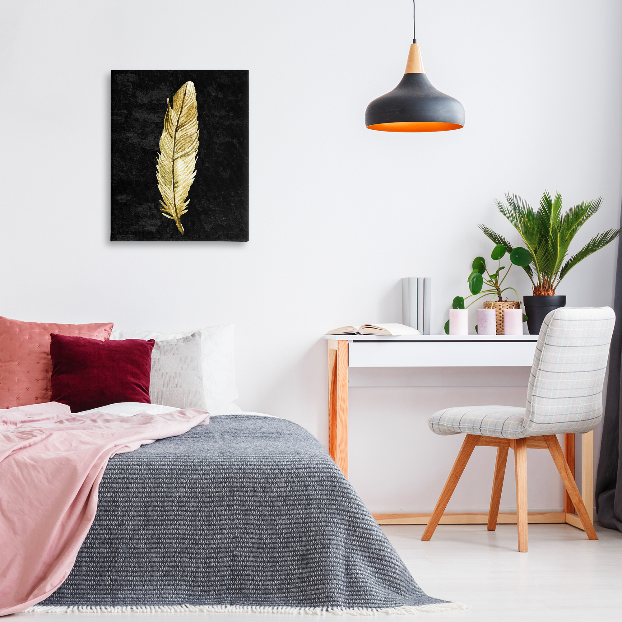 Curved Feather on Black Canvas Wall Art, design by Kim Allen