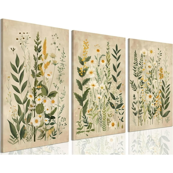 3Pcs Sneutral Vintage Wildflowers Wall Art Green Plant Canvas Posters Prints Sage Pictures Daisy paintings Wall Decor for Bedroom Bathroom Living Room Decoration Unframed