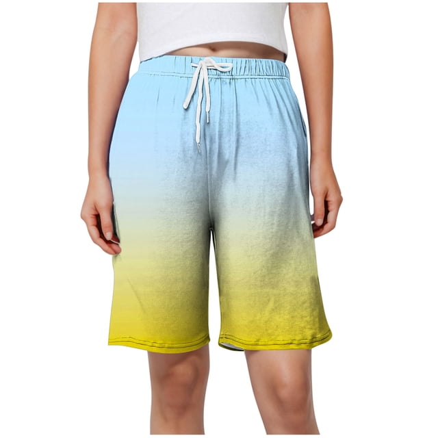 Plebaso Knee Length Shorts for Women Gradient Print Casual Shorts Drawstring Summer Beach Short Pants