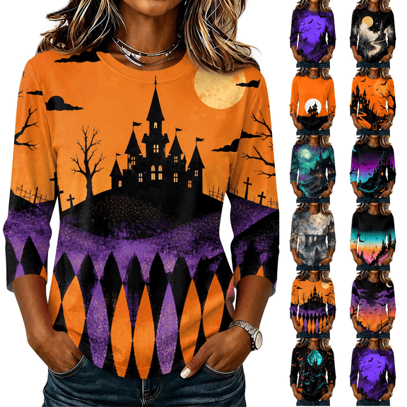 Womens 3/4 Sleeve Crew Neck Halloween T Shirts Shirts Thanksgiving Autumn Graphic Tee Tops Light Purple XL
