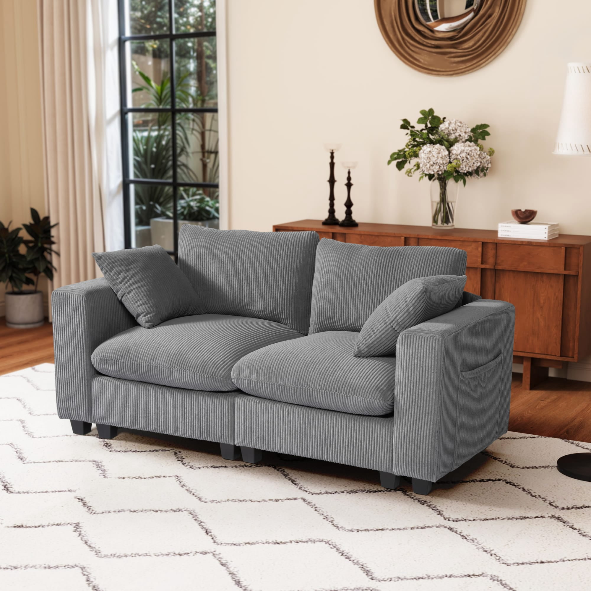 WestinTrends Hearthside 70" Modular Corduroy Loveseat Sofa With USB/Type-C Ports and Side Pockets, Gray
