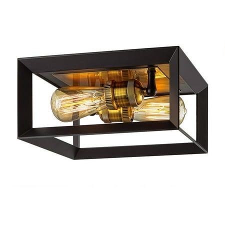 Home Decorators Collection 2-Light Matte Black Frame Flushmount with Antique Brass Sockets