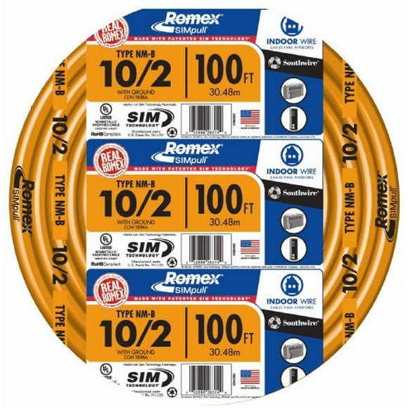 Southwire 28829028 100 ft. 10/2 Solid Romex SIMpull CU NM-B W/G Wire