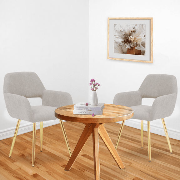 OSM Modern Upholstered Fabric Dining Chairs Set of 2 with Gold Metal Legs and Hollow Back Design, Accent Arm Chairs for Living Room, Dining Room, Bedroom, Home Office, Beige