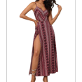 thumbnail image 2 of Vestido de Verano para Mujer, , con Escote en V, Estampado Floral, Estilo Tropical, con Abertura Lateral para Playa Vino Tinto L, 2 of 9