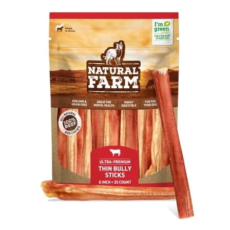 Natural Farm Odor-Free Thin Beef Bully Sticks for Dogs, 6 Inch, 25-Pack