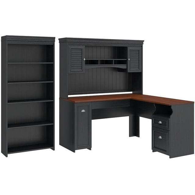 Fairview L Desk with Hutch and Bookcase in Antique Black - Engineered Wood