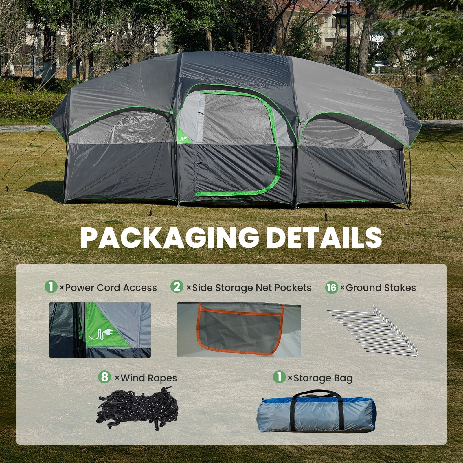JIOABL 8 Person Camping Tent with Room Divider, Waterproof Polyester, Easy Setup, Portable with Carry Bag, Stakes & Ropes for Outdoor Camping, Gray