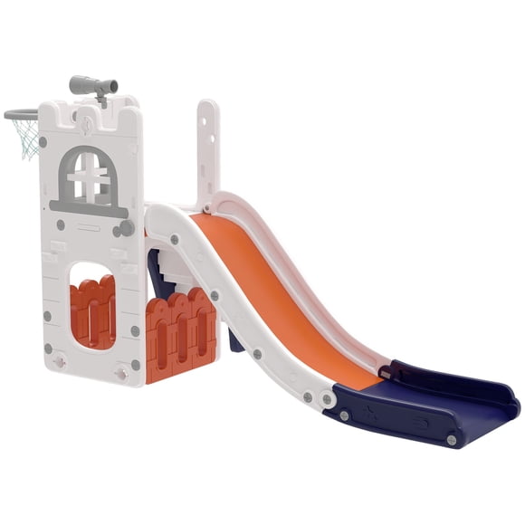 Qaba Ensemble de Glissade Intérieur 5-en-1 avec Panier de Basketball, Télescope et Panier de Rangement, Grimpeur Antidérapant pour Salle de Jeux Ou Salon, Orange, 69,7 Pouces L x 27,6 Pouces L x 36,2 Pouces H, HDPE/PP