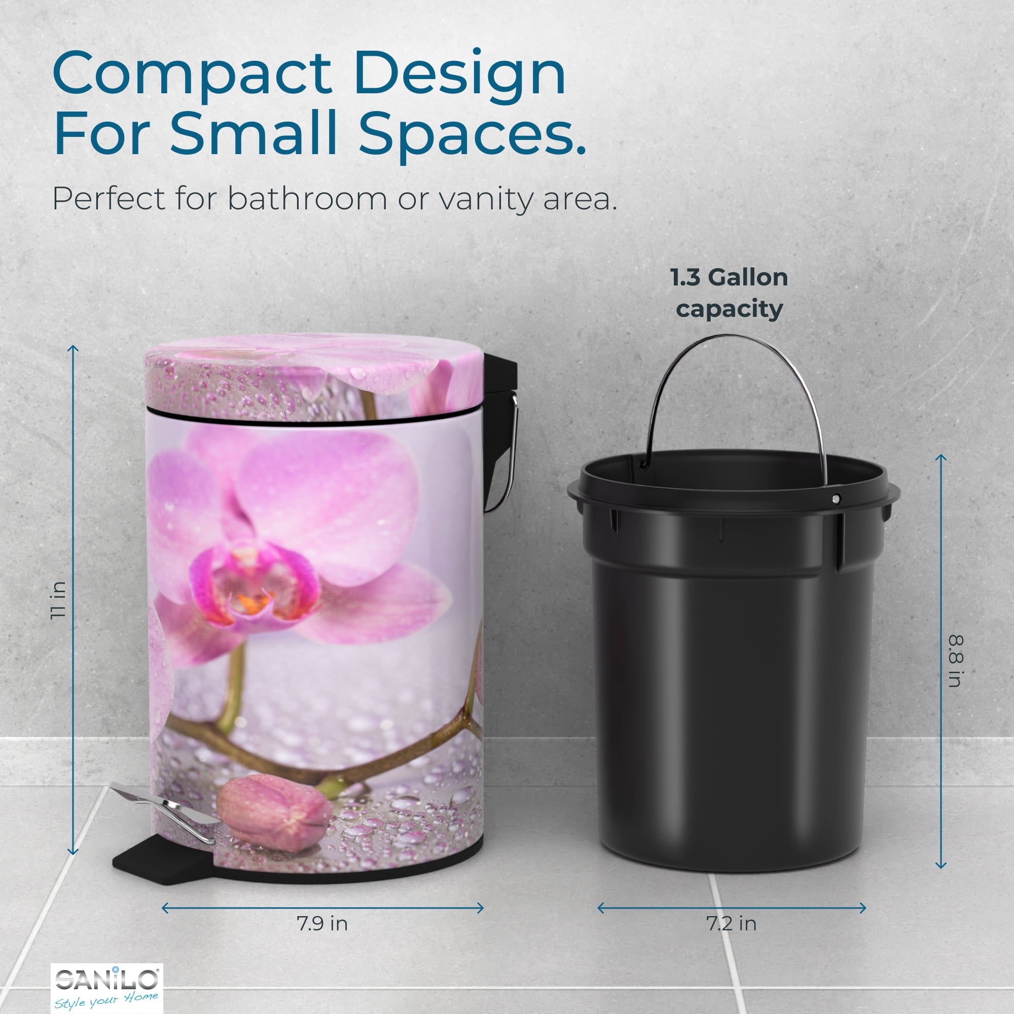 Sanilo Trash Can 1.3 Gallon with Soft Close, Many New Cosmetic and Kitchen Waste Bins Available, Bathroom Bin with Inner Bucket (Blooming)