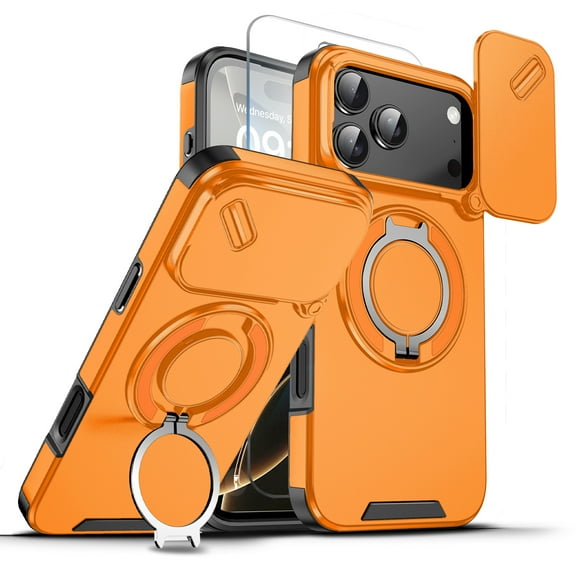 Allytechgroup Case For iPhone 17 Pro Max with Slide Camera Cover, [1x Screen Protector] 360° Rotated Ring Kickstand Magnetic Car Mount Support Shockproof Protective Cover for Women Men, Orange