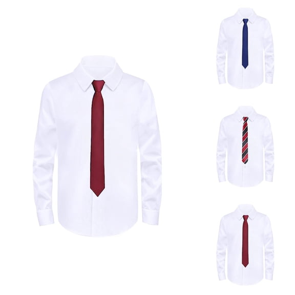 Long Sleeve Dress Shirt for Boys, Classic White Formal School Button Down Top with Tie, 2 Fabrics Stretch Standard and 2 Fits Regular Husky
