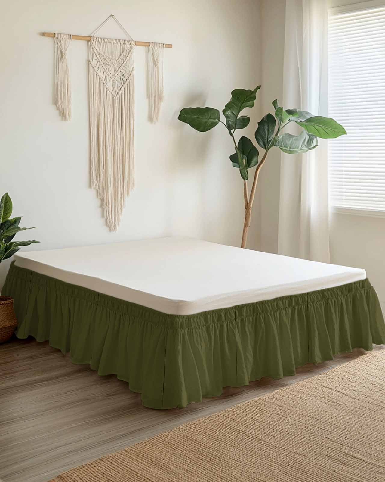 Olive Green Bed Skirt California King Size 18" Drop Solid Color Ruffled Wrap Around Bed Skirts Adjustable Elastic Bedskirt Dust Ruffle for California King Size Bed
