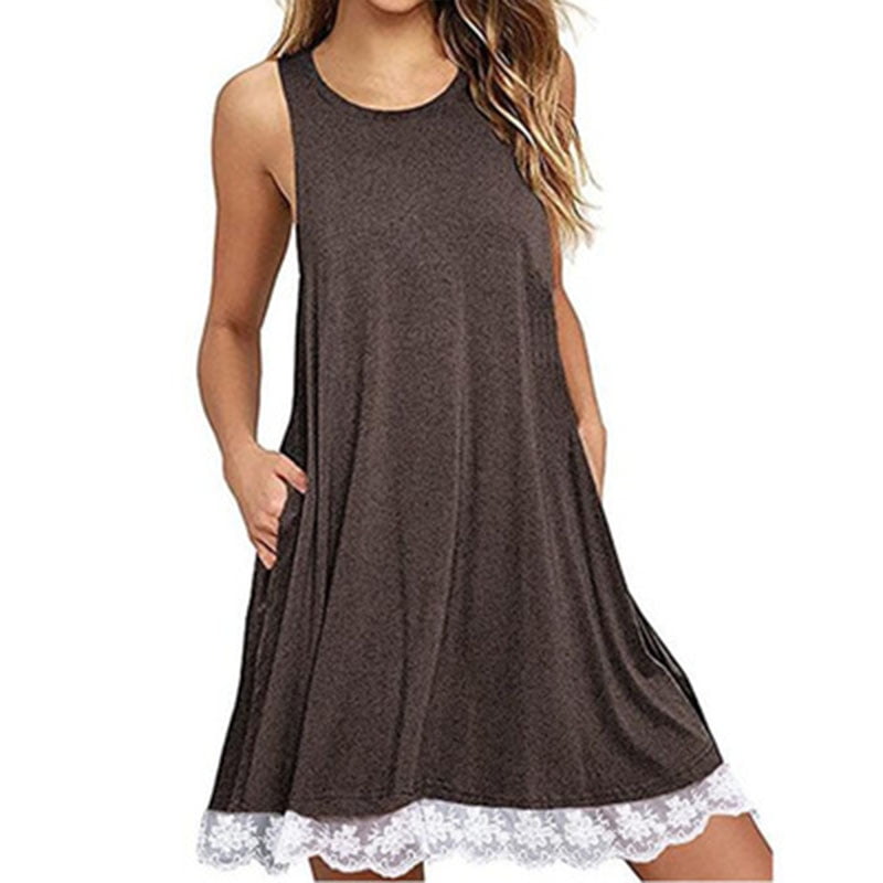 Summer Dresses for Women O Neck Casual Floral Print Pockets Lace Mini Dress Loose Party Dress
