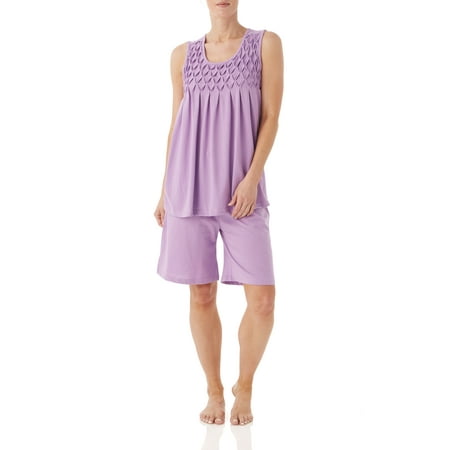 

AmeriMark Women s Sleeveless Pajama Set Elastic Waist Shorts & Smocked PJ Top Lilac XL