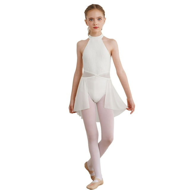 MSemis Robe de Danse Moderne Ballet Lyrique pour Filles, Robe de Patinage Artistique, Justaucorps Tutu Ivoire 16
