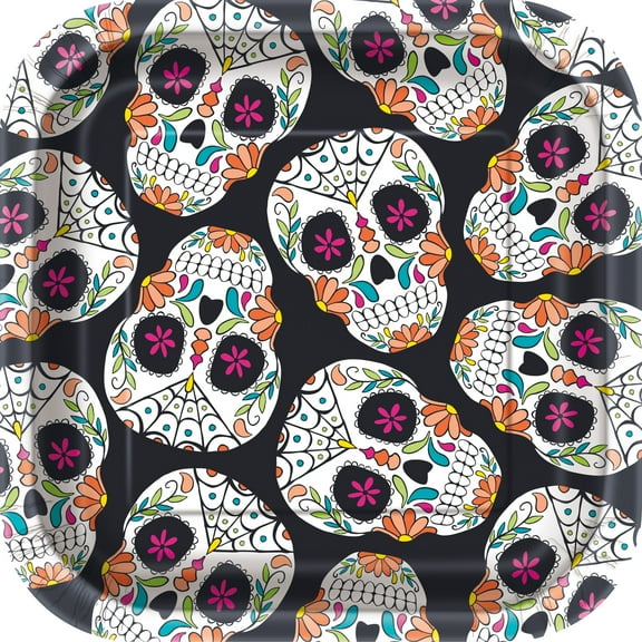 Square Skull Day of the Dead Paper Plates, 7 in, 10ct