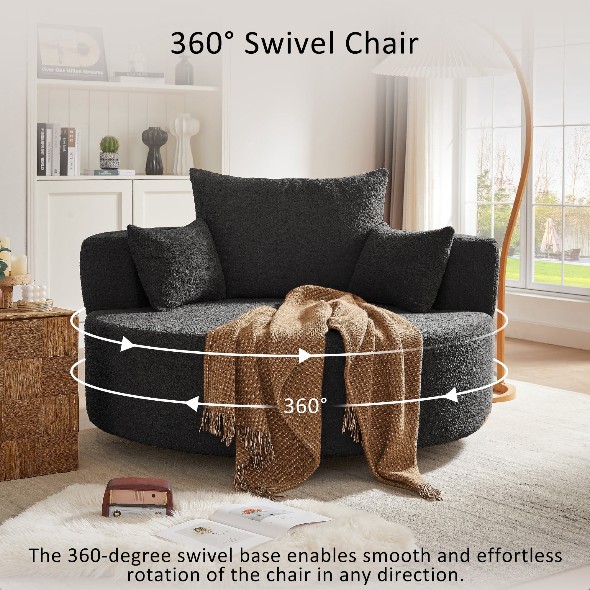 Swivel Round Sofa Couch Sofa Bed,360° Swivel Chair Accent Barrel Chair with 3 Removable Pillows for Living Room, Bedroom,Black