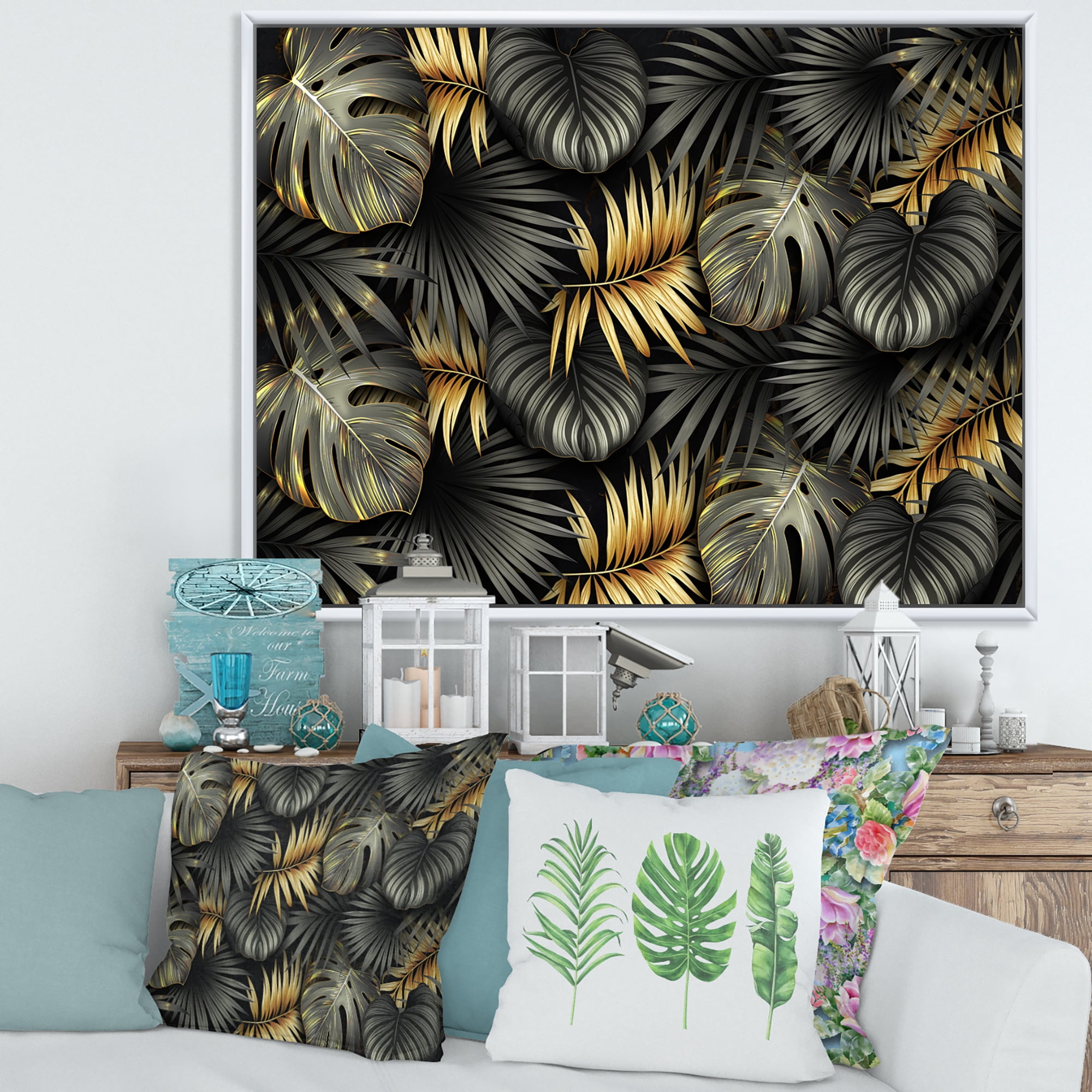 Designart 'Gold and Black Tropical Leaves II' Modern Framed Canvas Wall Art Print
