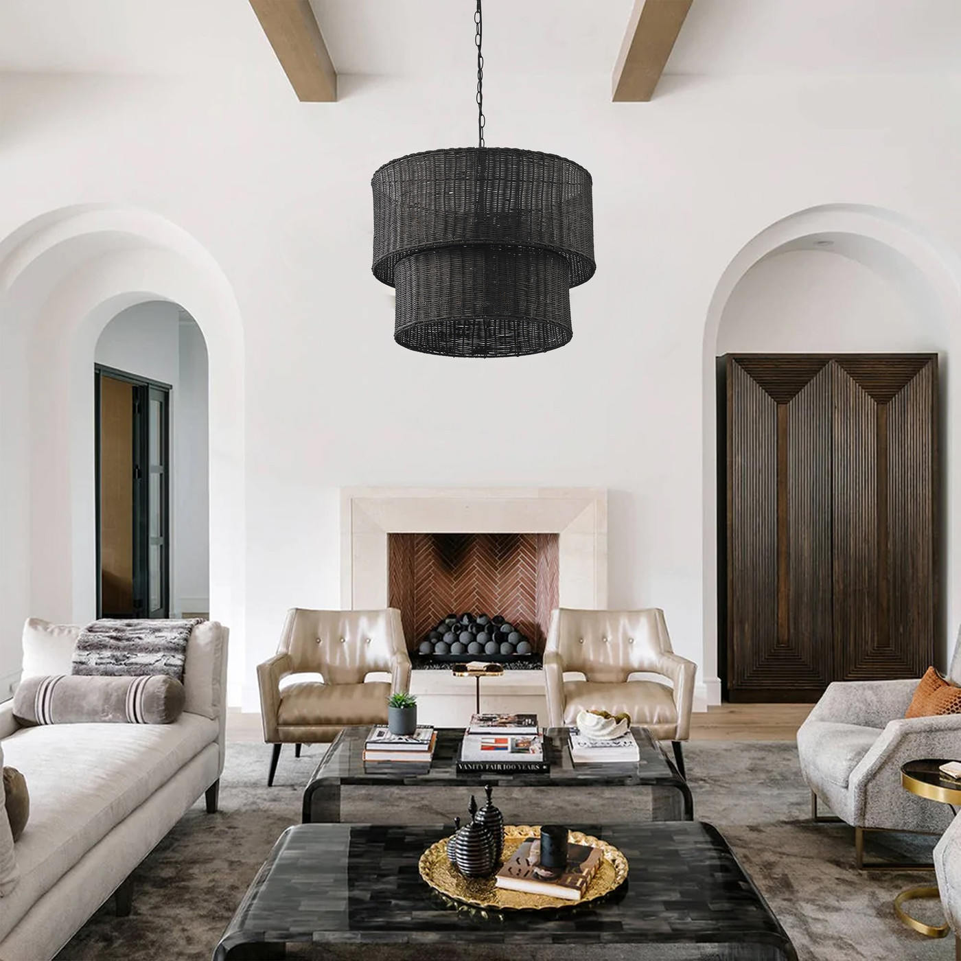 Aiwen Black 2-Tier Wicker Chandelier Rustic Pendant Light Fixture for Bedroom Foyer Kitchen Hallway