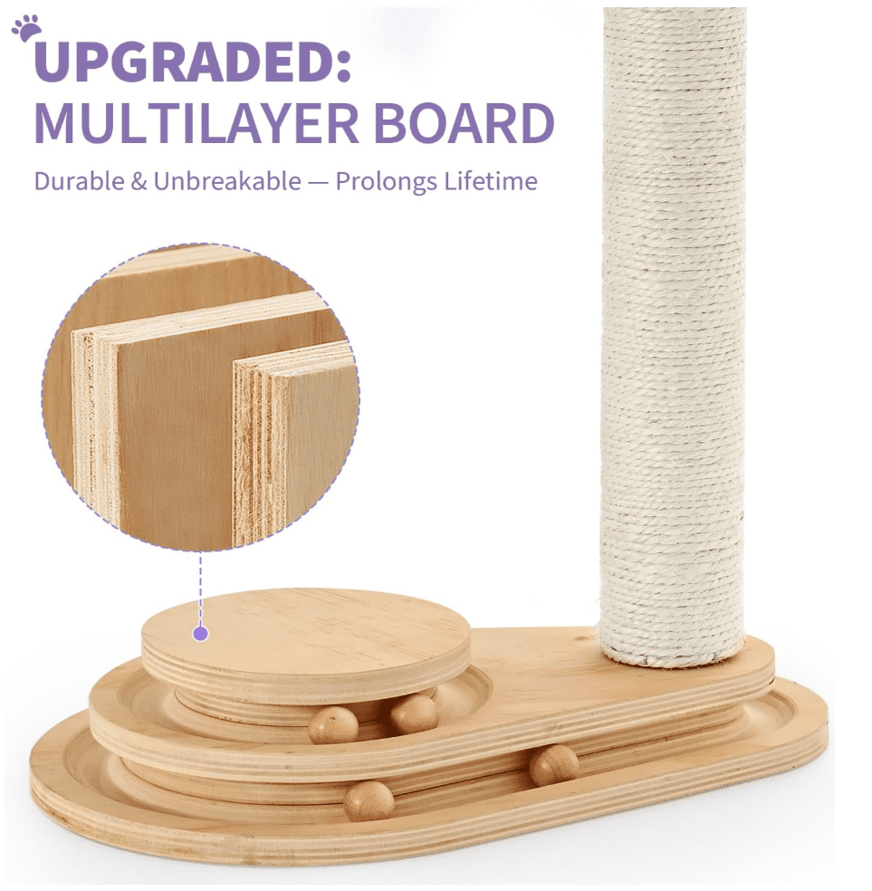Cat Scratching Post Cat Scratcher Kitten Toys for Indoor Cats Wooden Ball Track Two-Layer Modern Sisal 17.7" Tall Scratch Post Interactive Toy with Dangling Ball