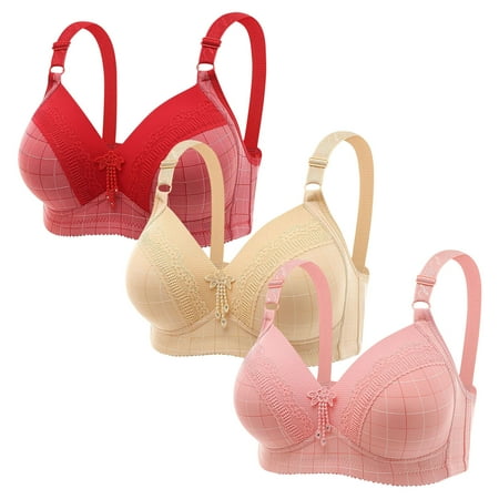 Clearance TOUMENY Bras for Women Nude Bra 3PC Women Plus Size Lace Stitching Plaid Printing Non-Steel Ring Non-Magnetic Buckle Underwear Bra