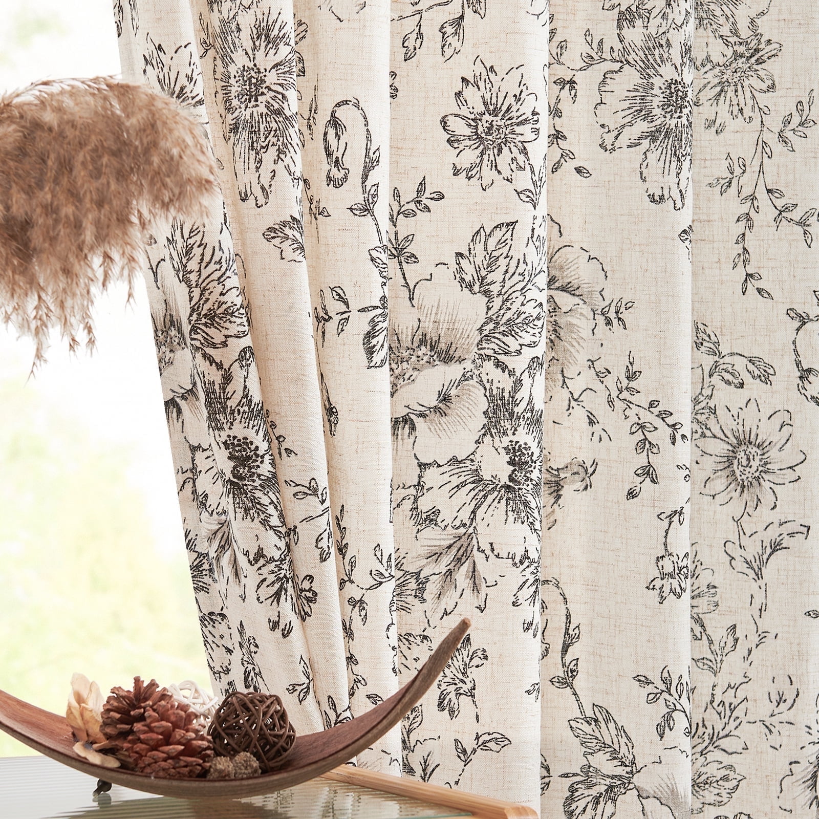 CURTAINKING Linen Curtains Floral Curtains for Living Room 84 Inch Length Black Printed Curtains Rod Pocket Back Tab Farmhouse Peony Flower Patterned Drapes Bedroom Window Curtain Set 2 Panels