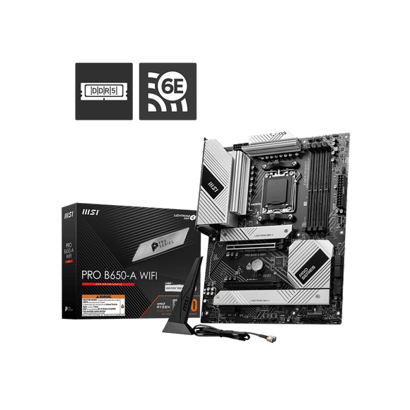 MSI PRO B650-A WIFI Motherboard (AMD AM5, ATX, DDR5, PCIe 4.0, 4 DIMMs, 3x M.2 Gen4 x4 64Gbps slots, 6x SATA 6Gbps ports, Wi-Fi 6E, AMD Ryzen 7000 Series Desktop Processors)