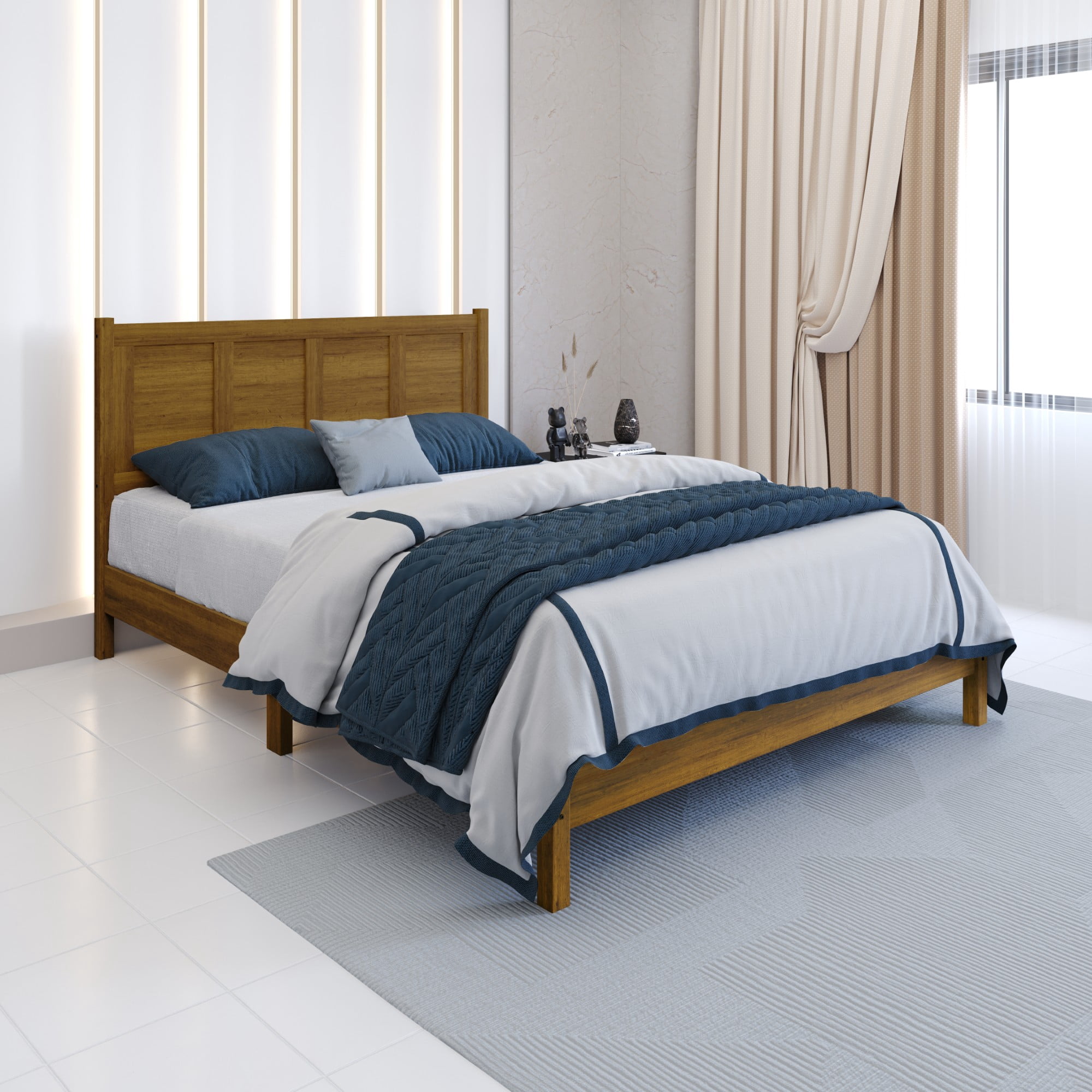 Home Design Rogers Twin Solid Wood Platform Bed Frame with Panel Headboard, No Box Spring Needed, Brown