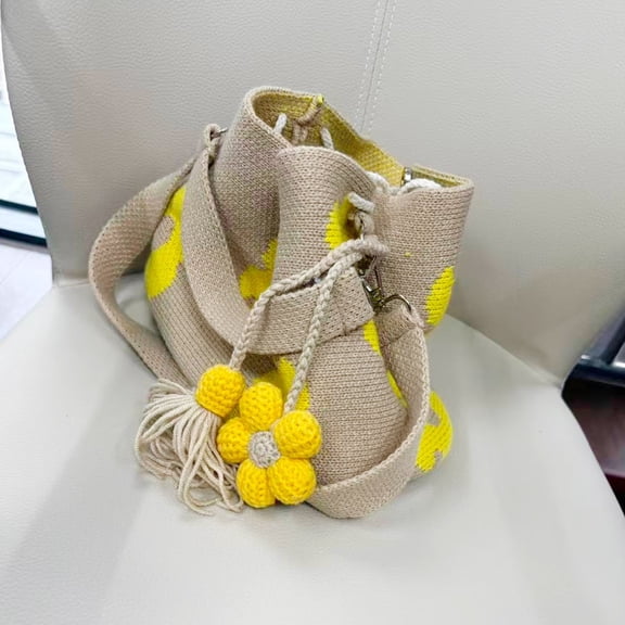 Handmade Crochet Flower Tote Mesh Knit Shoulder BagMini Handbag with Detachable Tassel Flower, Soft Yarn Reinforced Strap Crossbody Purse for Women Vacation Shopping Dating Gift