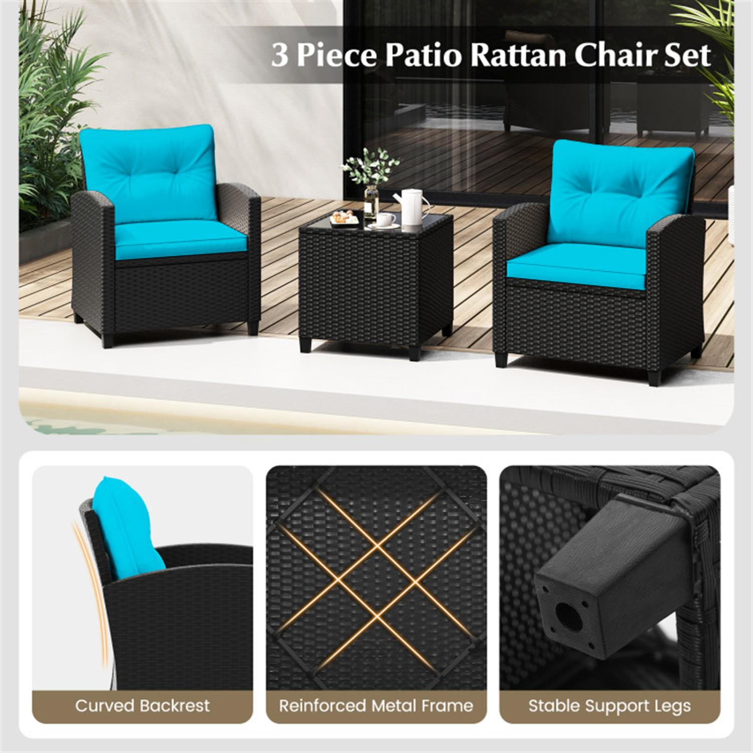 Demi Bonn 3 Pieces Rattan Patio Furniture Set with Washable Cushion, Conversation Armchairs for Garden Poolside Balcony, Turquoise