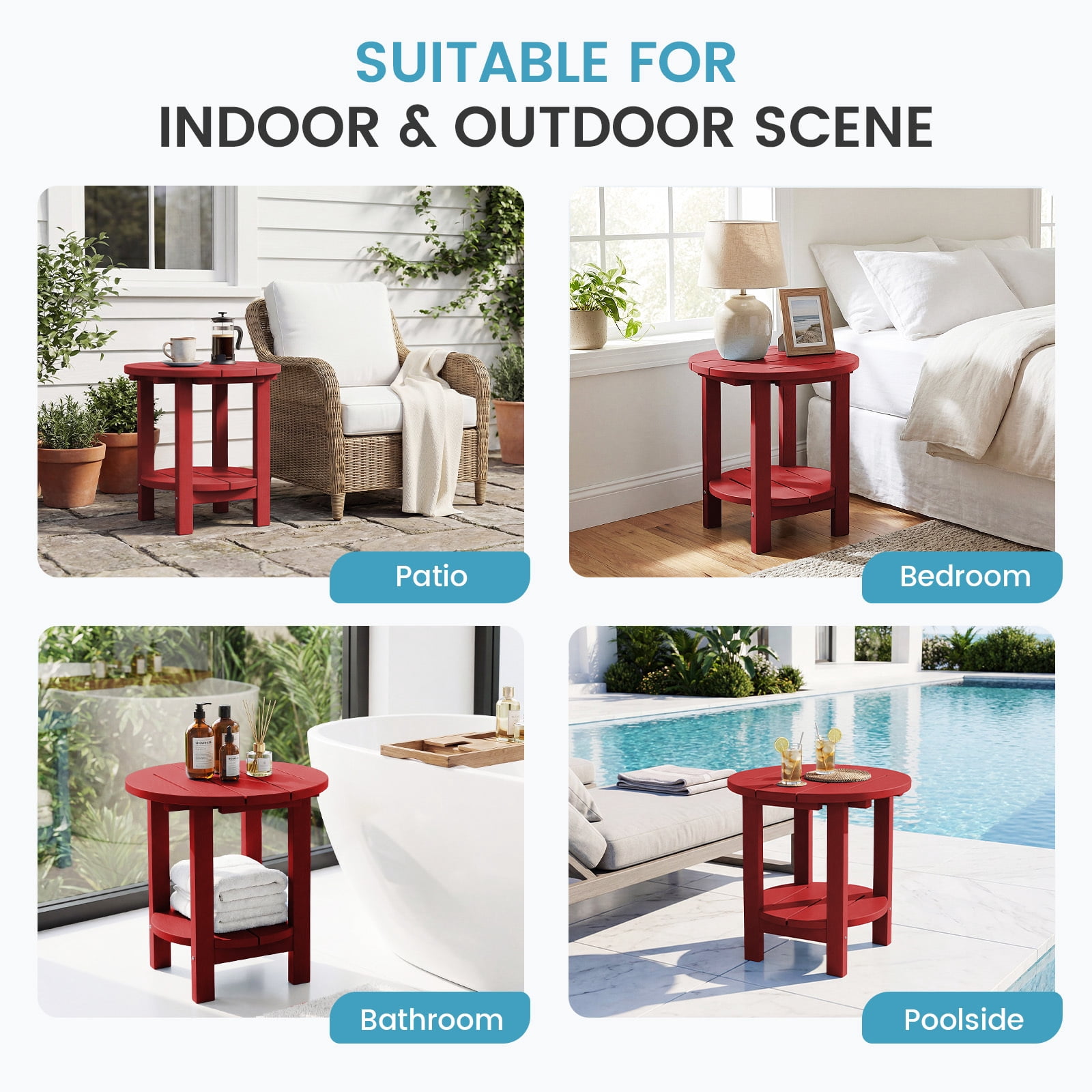 FUNDAZE 2-Tier Round HDPE Patio Side Table, End Tables For Living Room, Waterproof Indoor & Outdoor Small Table for Poolside, Garden, Dark Red