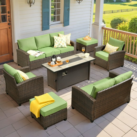 Vcatnet Outdoor Patio Furniture Sets with 54" Fire Pit 7 Pieces All Weather Sectional Sofa PE Rattan Wicker High Back Conversation Set with Ottoman,Green