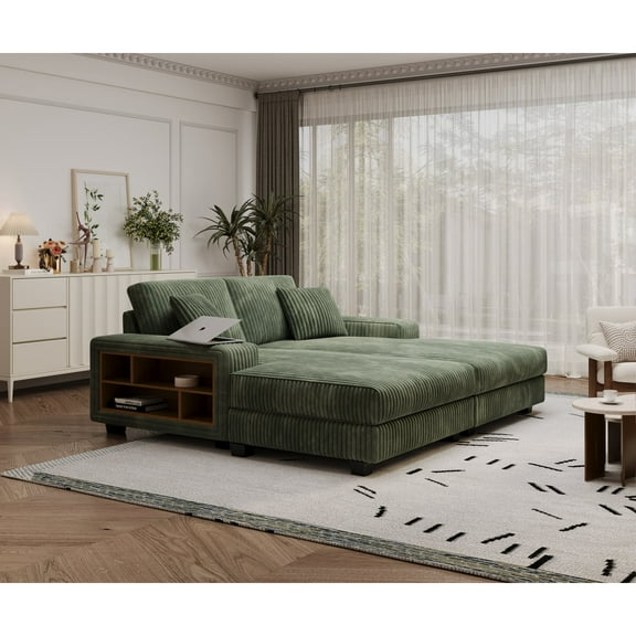 Newboti Furniture Convertible Combination Sofa, Corduroy Fabric, Fluffy Modern Sleeper Sofa Chair, Oversized Combination Living Room Double Lounge Chair, Green 07114