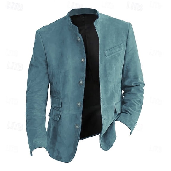 CharmCyan Men Stand Collar Button Front Suede Blazer Casual Slim Fit Suit Jacket with Multiple Pockets for Everyday Wear Cyan L