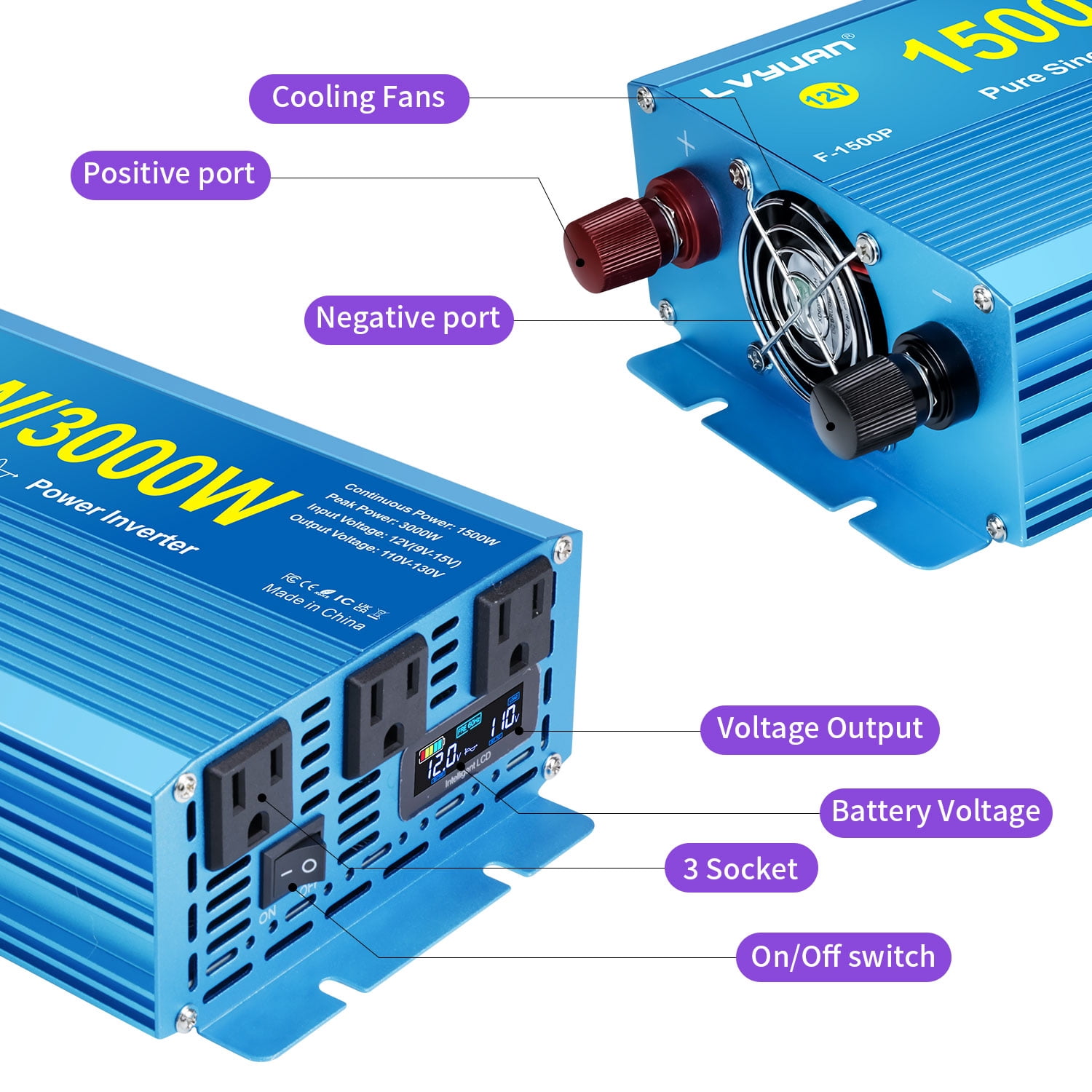 LVYUAN 1500W 3000W Surge Pure Sine Wave Power Inverter DC 12V to AC 110V Car Power Converter with 3 AC Outlets, LCD Display, Battery Converter Charger for RV, Camping, Off-Grid, Home Backup