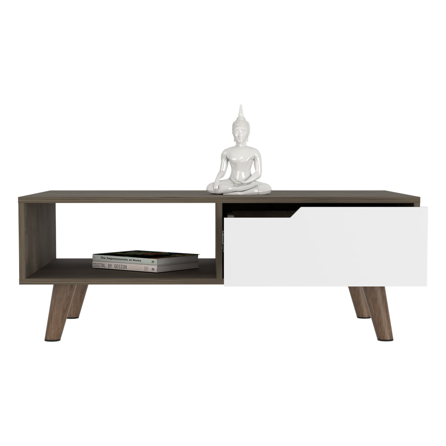 Lisonu Mid-Century Modern Coffee Table with Drawer and Open Shelf, Two-Tone Living Room Center Table with Tapered Legs, Particle Board Cocktail Table, Dark Brown & White