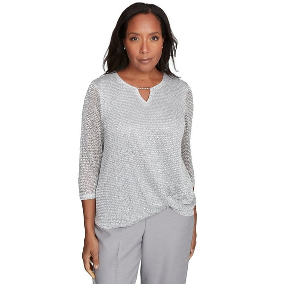 Alfred Dunner Womens Sequin Beaded Split Neck Top