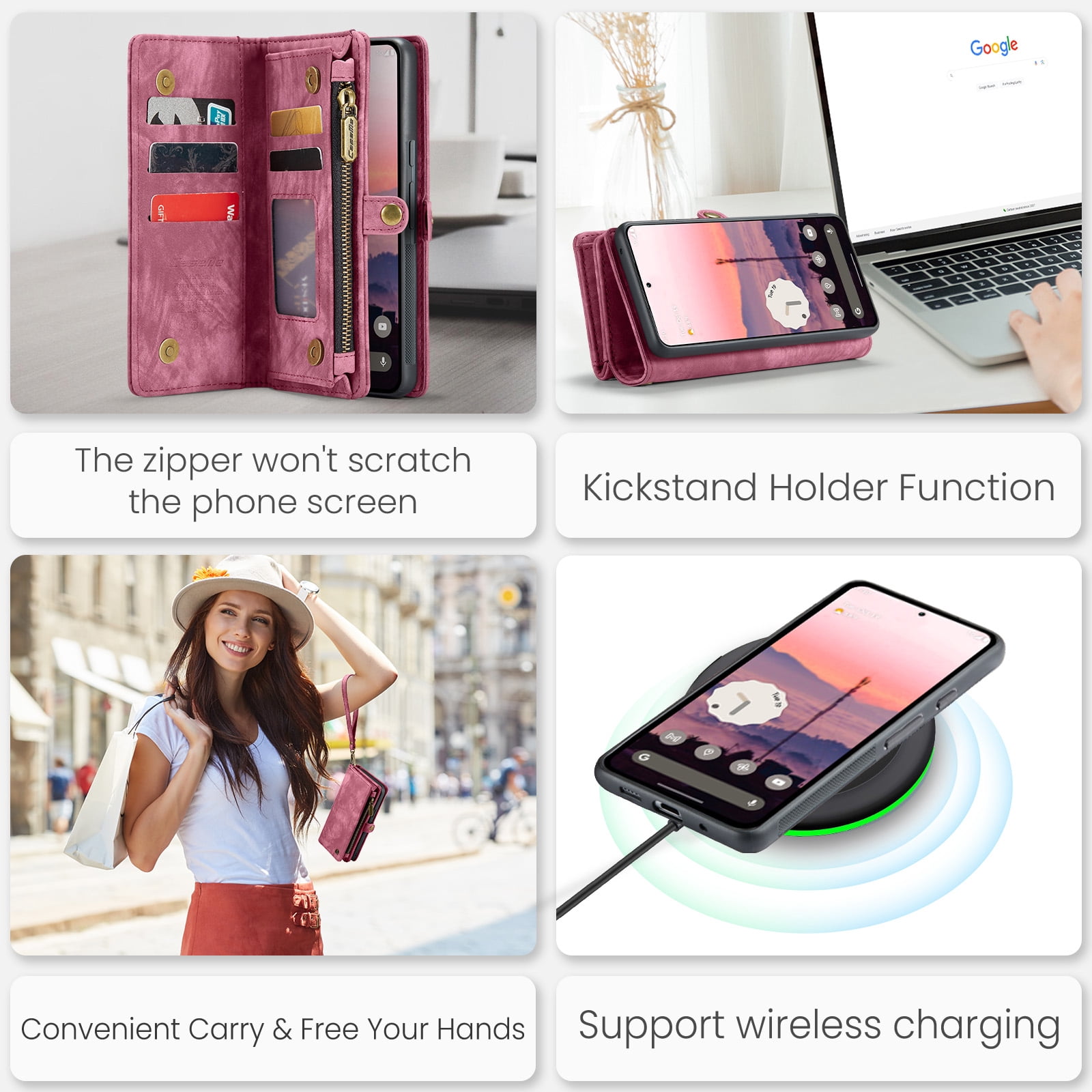 Feishell Durable 2- In-1 Magnetic Detachable Wallet Case for iPhone 16,for Women Men,Premium PU Leather Zipper Pocket Flip Multi Card Slots Purse Phone Case with Wrist Strap,Red